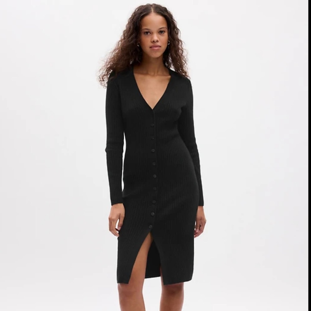 GAP Rib Midi Sweater Dress Black Long Sleeve V-Neck L